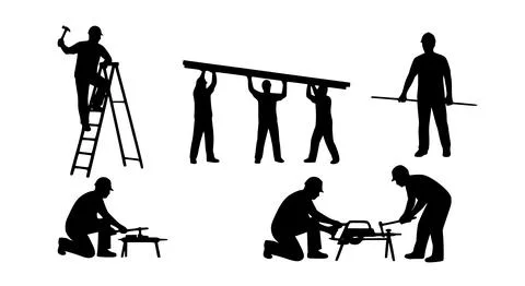 Construction Workers Silhouettes Building And Repair Vector Stock Illustration