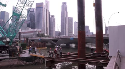Construction Workers on Singapore Waterfront Stock Footage 64496920