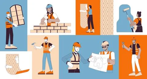 Construction workers on site bento grid illustration set Ilustração Stock