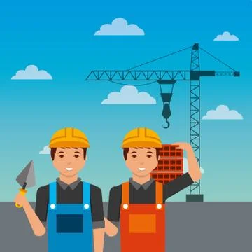 Construction workers with spatula bricks crane on sky background Stock Illustration