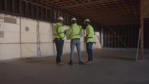 Construction Workers Stand Together On Job Site Stock Footage 270389195