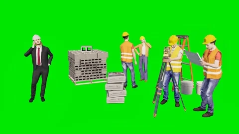 Construction workers standing by block set on a 3d animated green screen Stock Footage 329596975