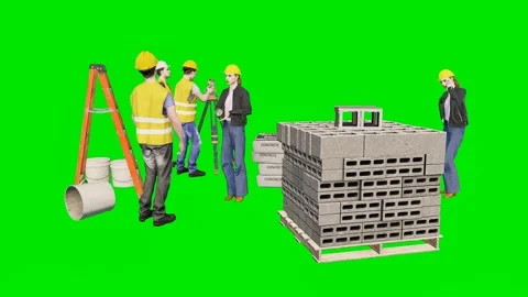 Construction workers standing by brick set on a 3d animated green screen Stock-Footage 329596901