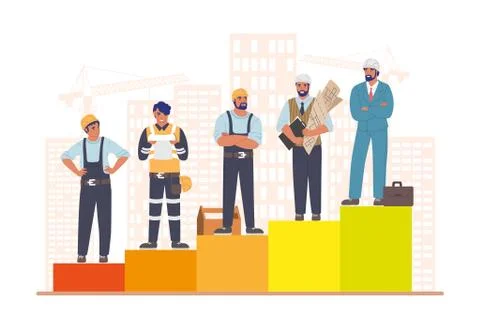 Construction workers standing on raising bar graph, flat vector illustration Stock Illustration