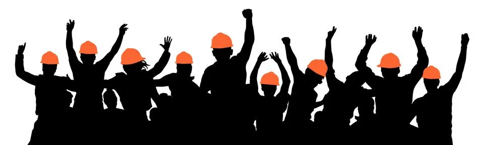Construction workers strike. Protest of crowd of builders. Silhouette vector Stock Illustration