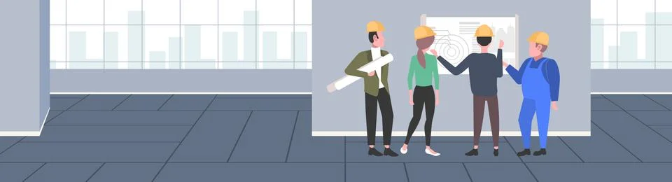 Construction workers studying blueprint engineers team discussing new building Ilustración de archivo