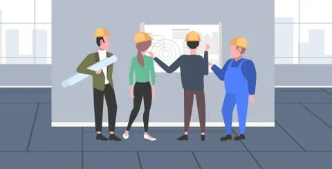 Construction workers studying blueprint engineers team discussing new building Ilustración de archivo