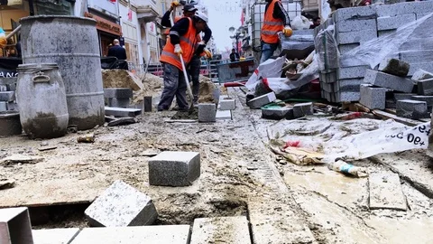 Construction workers Taksim nostalgic Tram road repair Stock Footage 82167269