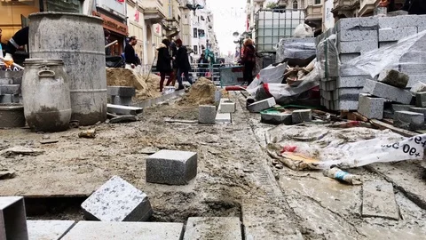 Construction workers Taksim Tramway road repair, maintenance, construction Stock Footage 82166530