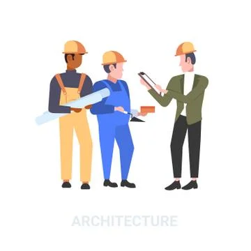 Construction workers team discussing new building project during meeting mix Ilustración de archivo