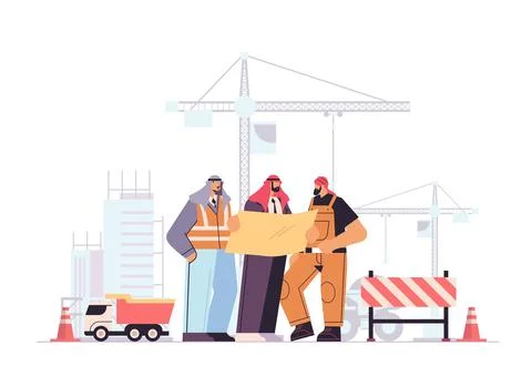 Construction workers team holding blueprint arab industrial technicians builders Stock Illustration