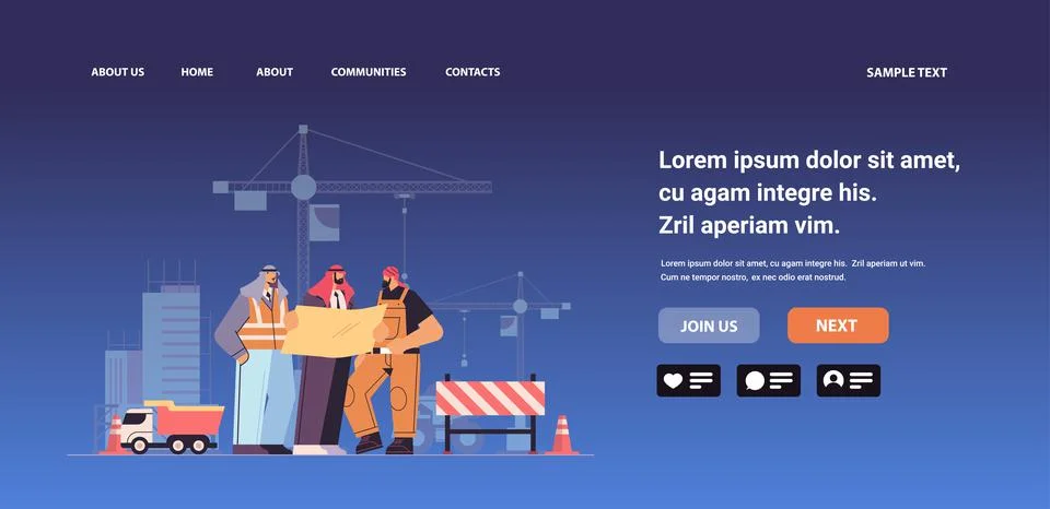 Construction workers team holding blueprint arab industrial technicians builders Stock Illustration