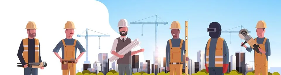 Construction workers team industrial technicians builders group over city Stock Illustration