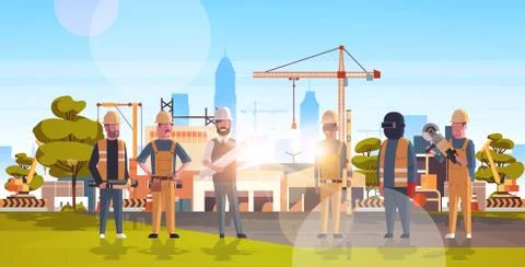 Construction workers team industrial technicians builders group over city Stock Illustration