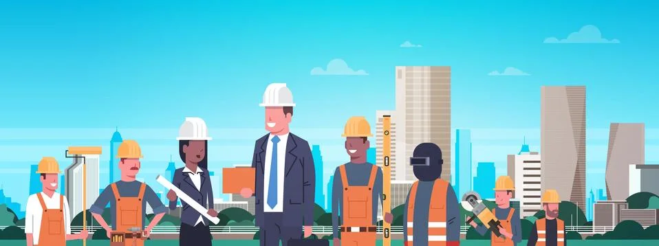 Construction Workers Team Over Modern City Background Horizontal Banner Stock Illustration
