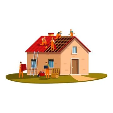 Construction workers team repairing house roof using professional equipment Illustrazione stock