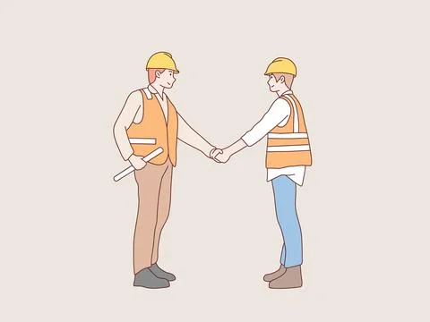 Construction workers teamwork shake hands cooperate simple korean style Stock Illustration