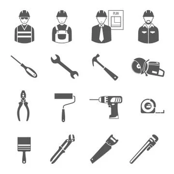 Construction workers tools black icons set 스톡 일러스트