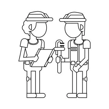 Construction workers with tools cartoons in black and white faceless Stock Illustration