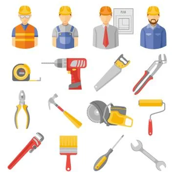 Construction workers tools flat icons set 스톡 일러스트