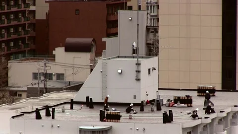 Construction workers on top of a building Stock Footage 202110496