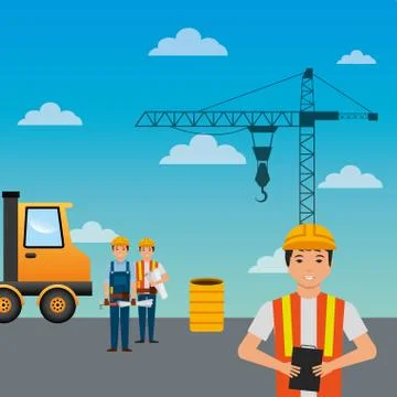 Construction workers truck crane barrel and sky background Stock Illustration