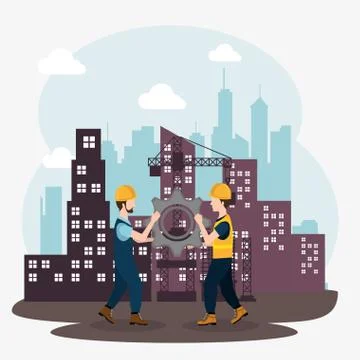 Construction workers with under construction icons Illustrazione stock