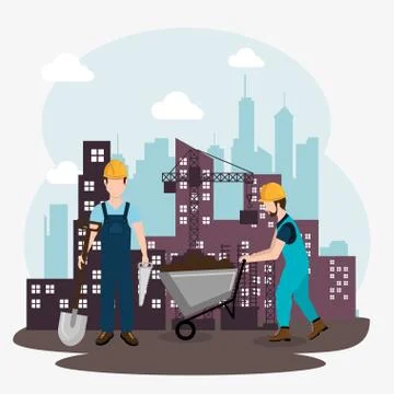 Construction workers with under construction icons Illustrazione stock