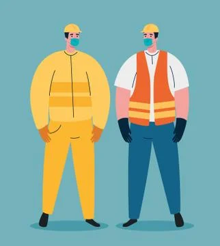 Construction workers using medical mask during covid 19 pandemic Illustrazione stock