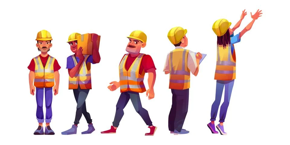 Construction workers in various poses Stock Illustration