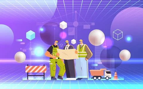 Construction workers in virtual reality glasses holding blueprint vr vision 스톡 일러스트