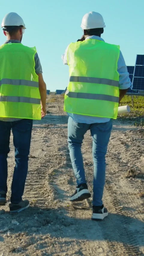 Construction Workers Walking on a Solar Farm, Focusing on Renewable Energy Stock Footage 314206107