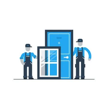 Construction workers with window frame and door Ilustração Stock