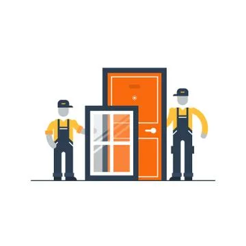Construction workers with window frame and door Ilustração Stock