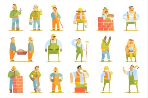 Construction Workers At Work Set Of Graphic Design Cool Geometric Style Isolated Stock Illustration