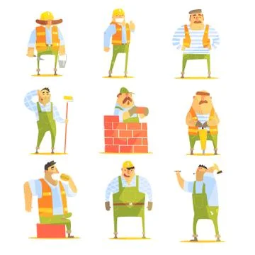 Construction Workers At Work Set Stock Illustration