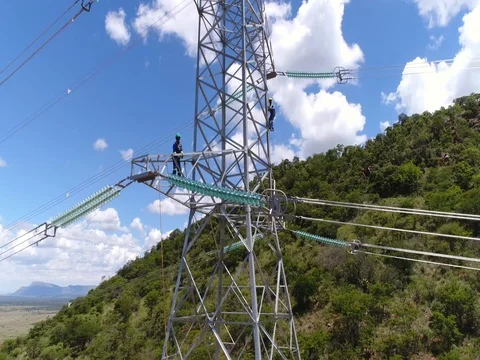 Construction Workers, working on electrical Pylon Video stock 73993853