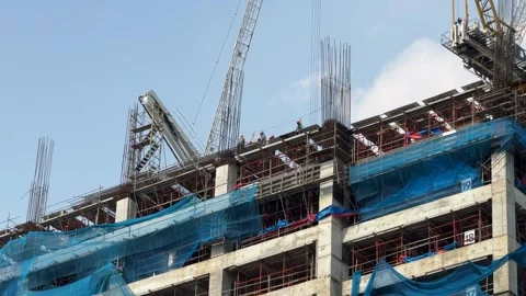 Construction Workers Working at Height at High-Rise Site, Quezon City 4K 60fps Stock Footage 338346338