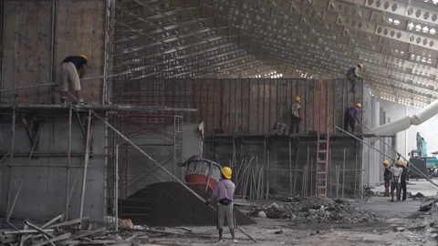 Construction Workers Working Large Construction Building Site in Indonesia Stock Footage 145671245