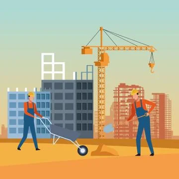 Construction workers working on under construction scenery background Stock Illustration