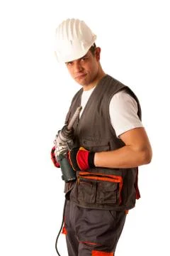 Construction worket with drilling machine isolated over white background Stock Photos