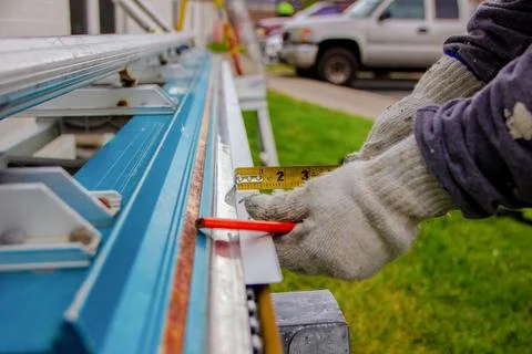 Construction working measuring sheet metal Stock Photos