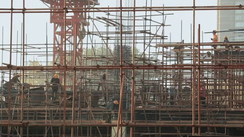 Construction Working Scaffolding And Cement In Construction Site Time Lapse， Stock Footage 143893382