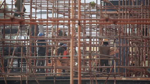 Construction Working Scaffolding And Cement In Construction Site Time Lapse， Stock Footage 143893700