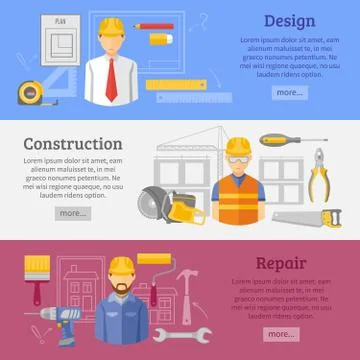 Construction works concept horizontal banners set Stock Illustration