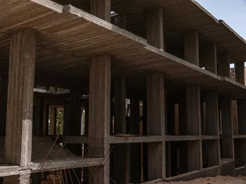 Construction works. Construction of buildings using modern technologies. Stock Photos