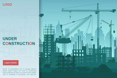Construction works flat vector landing page template. Building cranes Illustrazione stock