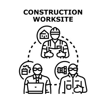 Construction worksite team collaborating on building project Stockillustratie