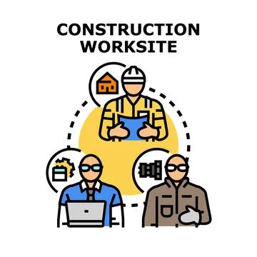 Construction worksite team collaborating on building project Stock Illustration