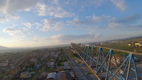 Construction yard crane at dawn shot in FPV Stock Footage 171541885